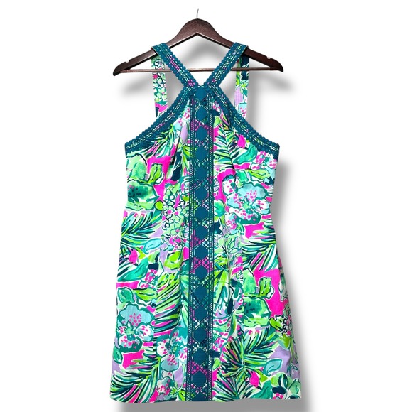 Lilly Pulitzer Dresses & Skirts - NWT Lilly Pulitzer Vena Halter Shift Dress 12 Beaded Tropical Print Pink Green‎